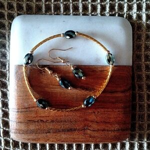 Dark smokey blue topaz color Beaded bracelet and earrings